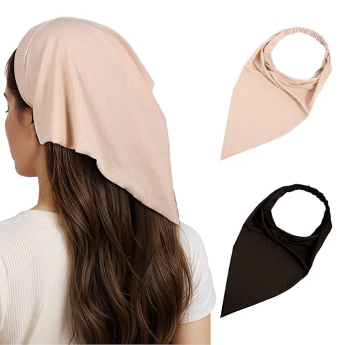 2PCS Head Kerchief for Women,Elastic Triangle Head Scarf, Headbands Bandana Portable Solid Color Bohemian Style, Suitable for Men and Women Travel Parties, Brown, Khaki