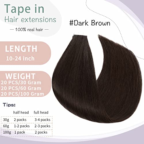 S-noilite 20Pcs 60g Remy Tape in Hair Extensions Human Hair Seamless Skin Weft Invisible Double Sided Glue in hair for women Silky Straight 24 Inch #02 Dark Brown Color