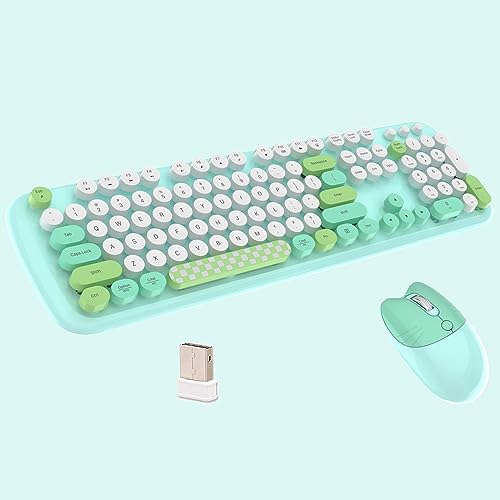 2.4G Full-Size Wireless Keyboard and Mouse Combo, Multi-Color Typewriter Style Round Keycap, Cute Candy Colors, Compatible with Notebook, PC (Green)