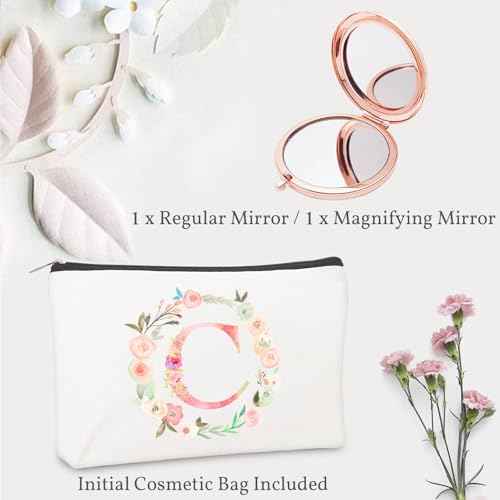 Personalized Gift Initial Compact Mirror w Makeup Bag for Women Sister Daughter Mom Wife, Floral Monogram Alphabet Small Mirror Ideal Gift on Birthday, Christmas, Graduation (C + Bag, ROSE GOLD)