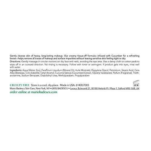 Mario Badescu Cucumber Makeup Remover Cream with Non-Greasy Formula - Emollient Cold Cream Makeup Remover for Heavy and Waterproof Make Up - Ideal for Dry or Sensitive Skin, 4 Oz