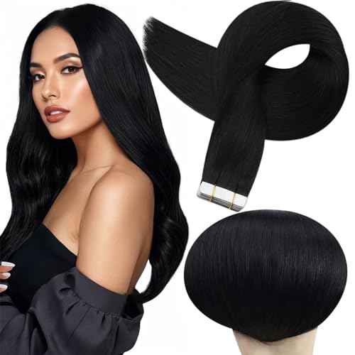 Full Shine Tape in Hair Extensions Human Hair 18Inch Remy Tape ins Human Hair Extensions Color 1 Jet Black Fashion Extension, Seamless Silky Straight Skin Weft 20Pcs 50G Add Length for Wedding