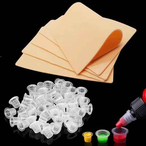 3MM Tattoo Practice Skin 5Pcs + 300 Ink Cups Kit - Realistic Double-Sided Training, Mixed Size 11mm/14mm/17mm Pigment Caps for Tattoo Artist & Beginner