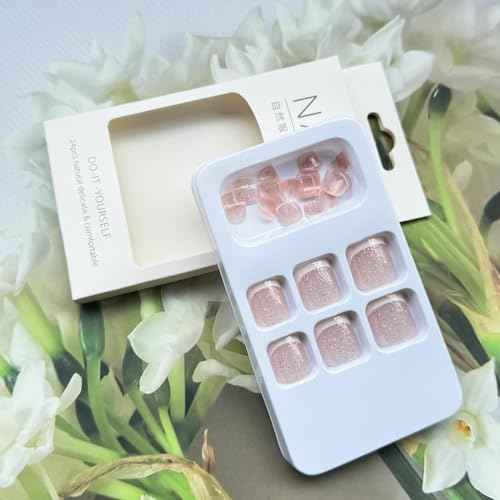 24PCS White French Tip Press on Toenails Short Square Natural Nude Glitter Fake Toenails Acrylic Toe Nails Press on,Classic Artificial Seamless Fit Summer Glue on Fake Toe Nails for Women Manicure