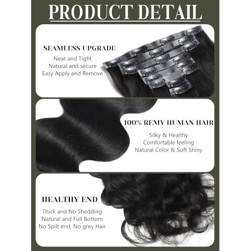 Loxxy Body Wave Clip in Hair Extensions, 20 Inch Natural Black Body Wave Seamless Clip Ins Human Hair Extensions #1B 7Pieces 110g PU Weft Easy Application