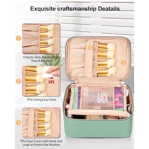 MONSTINA Makeup Bag with Detachable Small Gadget Bag,Large Capacity Portable Cosmetic Organizer,Waterproof Travel Toiletry Bag with Divider for Lipstick,Gifts for Girls and Women,Green Large