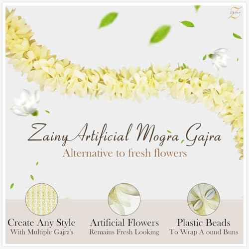 ZAINY 6 Pack White Mogra Artificial Gajra for Hair Indian Bun Braid, Non Scented Fabric Jasmine Flowers, Veni, Bridal Hair Accessories for Women, Wedding, Reusable Cloth Floral Girl Accessory, 13 inch