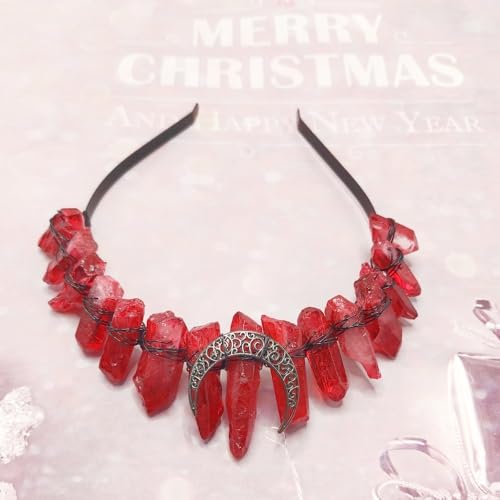 Bubbmi Red Raw Crystal Crown Headband, Natural Quartz Rhinestone Tiara Headpiece for Women Girls Christmas Party Photography Prop