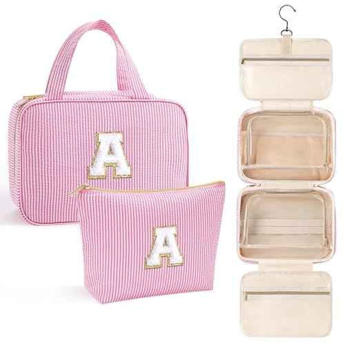 YOOLIFE Personalized Birthday Gifts for Women Teen Girls - Hanging Toiletry Bag Makeup Bag for Women Girls, Initial Toiletry Bag Makeup Bag, Letter A, Pink