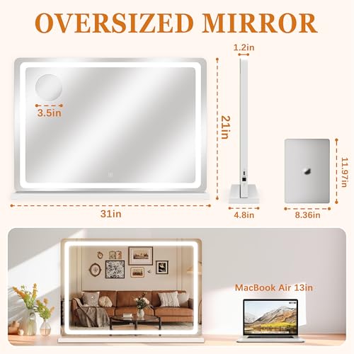 HNV Vanity Mirror with Lights 31"x21" Large Lighted Makeup Mirror, 3-Color Dimmable LED, Touch Screen, USB Charging, Tabletop & Wall Mount (White)