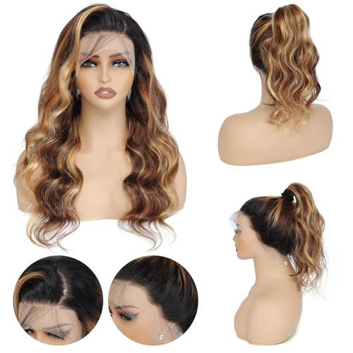 Aaliweya Highlight Ombre Body Wave 360 Lace Front Wig Human Hair for Women 180% Density Glueless Wig Pre Plucked Natural Hairline HD Transparent Full Lace Frontal Wigs Human Hair 18Inch