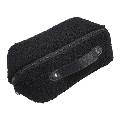 Makeup Bag - Large Capacity Travel Cosmetic Bag, Travel Toiletry Bag Cute Plush Makeup Pouch with Handle and Divider Flat Lay Portable Makeup Case Organizer for Women (Black)