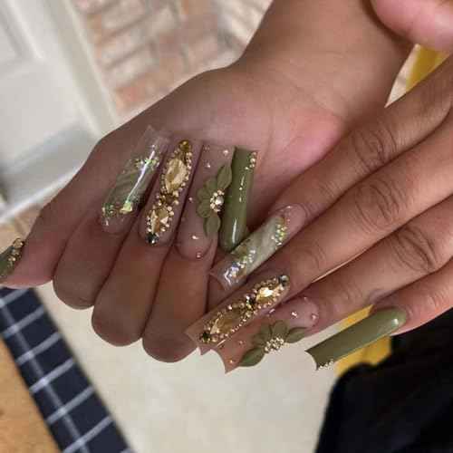 Green Fake Acrylic Long Nails Square False Nails Full Cover Rhinestones Press on Nails for Women and Girls 24PCS