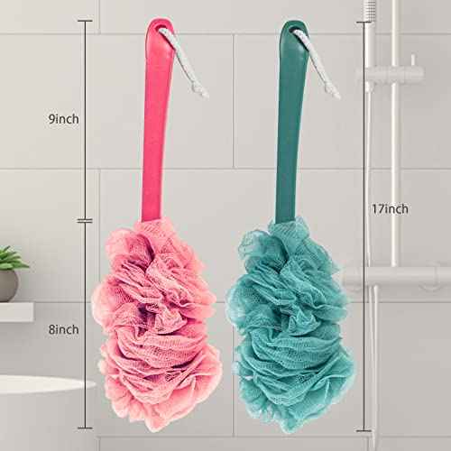 2Pack Back Scrubber for Shower, Loofah Sponge Brush Exfoliating Body, Long Handle Scrub Brush for Shower with Loofah on a Stick for Back Use, Bathing Accessories Body Brushes (2Pack)