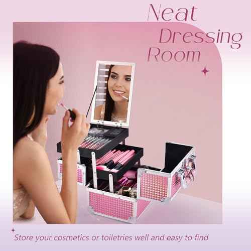Joligrace Makeup Train Case Makeup Case Organizer Portable Cosmetic Box Storage with 2 Trays Mirror Locking Make Up Travel Case for Nail Kits Cosmetics Craft Traveling Makeup Box Mermaid Pink