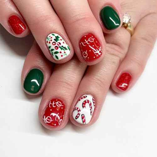24Pcs Christmas Press on Nails Short Square - Red&Green Fake Nails White False Nails Press Ons Nail Art Tips With Christmas Cane Fruit Candy Design Winter Acrylic Nail Kit for Women Xmas Decor