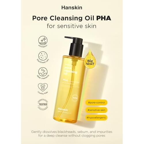 Hanskin Pore Cleansing Oil, Oil Cleanser for Face, Makeup Blackhead Sebum Remover, Korean Deep Pore Cleanser for Sensitive Skin [PHA] (10.14 oz)