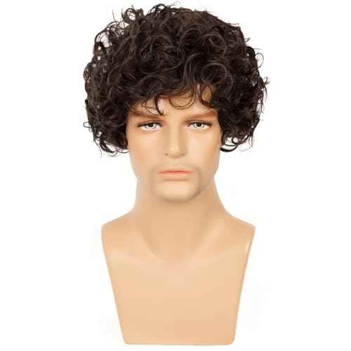Mens Brown Curly Wig Short Fluffy Rocker Wigs Synthetic Costume Halloween Cosplay Hair Wigs for Male Guys
