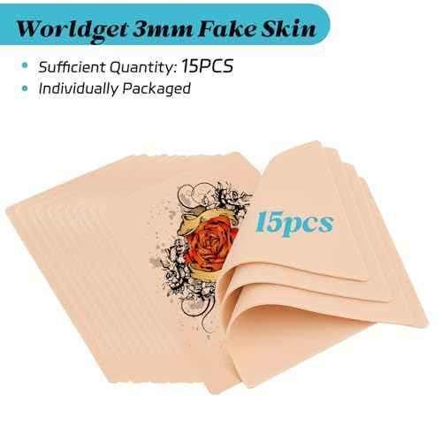 15Pcs 3MM Tattoo Practice Skins - Worldget Double Sided Fake Skin for Tattooing, 7.4"x5.6" Silicone Tattoo Skin Kit for Machine Practice, Beginners & Pros