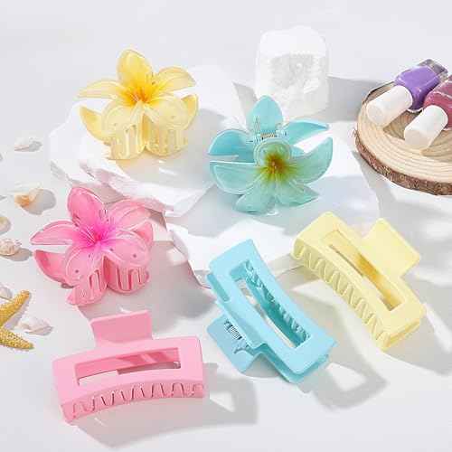 Flower Hair Clips for Women Square Claw Clips for Girls 2 Styles Hair Claw Clips for Thick or Thin Hair 6 PCS Hawaiian Hibiscus Rectangle Large Plumeria Medium Hair Accessories for Women (Pink)