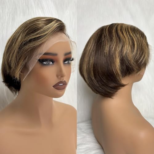 13x4 Pixie Cut Short Bob Wig Highlight Honey Blonde Brown Color Straight Short Bob Transparent Lace Front Human Hair Wigs For Women Brazilian Virgin Hair 150 Density Pre Plucked