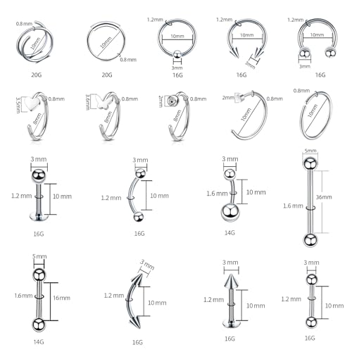 154PCS Mixed-pack Nose Piercing Kits for All Piercings,Stainless Steel Piercing Jewelry Kit 14G 16G with Piecing Needles for Ear Cartilage Tragus Nose Septum Lip Piercing Tools