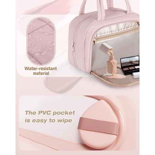 Travel Toiletry Bag for Women with Hanging Hook, Water Resistant Puffy Makeup Organizer with Leak Proof Pockets for Toiletries and Cosmetics - Pink (Bag Only)