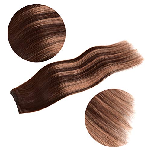 5 Pieces 20" Remy Clip in Hair Extensions Human Hair Chocolate Brown to Honey Blonde Highlight Brown Ombre - Silky Straight Short Thick Real Hair Extensions for Women (20 inches, (4T27) P4, 100grams)