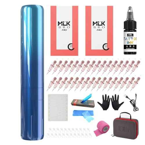 INKin Permanent Makeup Tattoo Machine Kit - LOLA MINI Rotary Tattoo Short Pen SMP Tattoo Gun Lightweight with RCA Cord for Miroblading Shading Lining Eyeliner Lips Cartridges Needles Supply