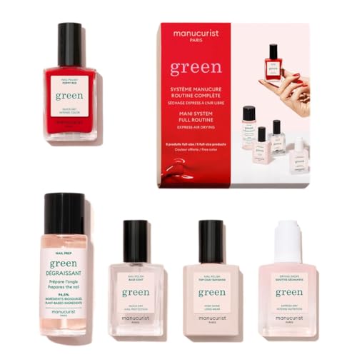 Manucurist System Green¢â (Poppy Red) - Professional Manicure Gift Set, Vegan : 1 Nail Prep, 1 Base Coat, 1 Poppy Red Nail Polish, 1 Top Coat, Drying Drops -Christmas Gifts for Women - Gifts for Her