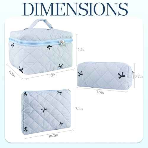 3Pcs Quilted Makeup Bag, Cute Floral Cotton Cosmetic Bag set, Coquette Bow Makeup Pouch Large Travel Toiletry Bag