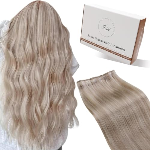 Hetto Sew in Hair Extensions Real Human Hair Ash Blonde Highlight Light Blonde Weft Human Hair Extensions Invsiible Sew in Hair Extension Silky Straight 20 Inch 100g