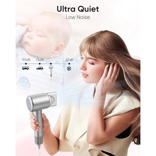 Hair Dryer, High-Speed Ionic Low Noise Blow Dryer for Fast Drying, Birthday Christmas Gifts for Women Men Mom Dad, Thermo-Control Quiet Compact Hair Blow Dryer for Travel Salon, Silver