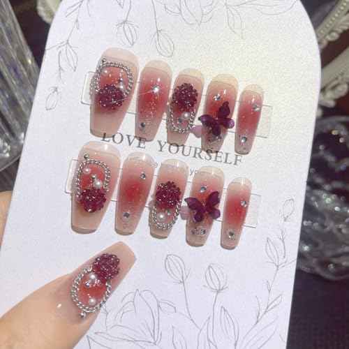 24Pcs Medium Press on Nails Coffin Handmade Fake Nails 3D Rose Butterfly Nail Germs Shiny Luxury False Nail Full Cover Acrylic Glue on Nails for Women
