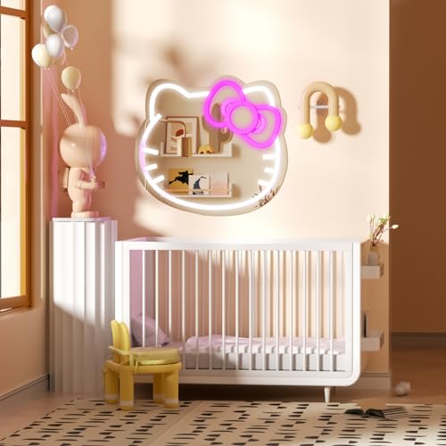 Anime Hello Kit Cat Neon Sign Mirror L16.1 W14 Vanity Mirror with Lights Bedroom Wall Mirror for Pink Room Decor and a Makeup Mirror with Lights Teen Girl Gifts