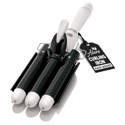 Alure Three Barrel Curling Iron Wand Hair Waver with LCD Temperature Display - 1 Inch Ceramic Tourmaline Triple Barrels, Dual Voltage Crimp (Black/White)