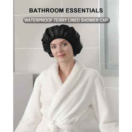 YIZIJIZI Terry Lined Shower Cap,Triple Layer Large Cap for Women,Shower Cap Reusable Waterproof,Long Thick Hair(Black)