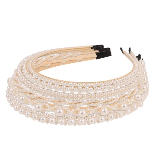 YISSION 6PCS White Pearl Headbands for Women Jeweled Head Bands Beaded Hairbands Fashion Wedding Bridal Headband Hair Accessories for Women Girls