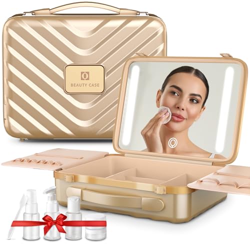 EASYINBEAUTY Travel Makeup Case with Lighted Mirror, Rechargeable LED Makeup Mirror Travel Case with 3 Color Modes & Adjustable Brightness, Portable Makeup Storage Box for Girls, Women & Makeup Artist