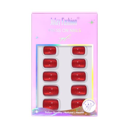 Press On Nails Short - Red Press On Nails Cat Eye Acrylic Square Halloween Nails with Nail Glue, Fit Perfectly Stick On Nails in 16 Sizes - 32PCS Soft Gel Kit,Crimson Fang