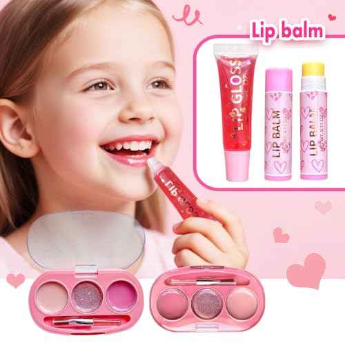 4-Piece Heart Charm Beauty Bundle - Squeeze Gloss and Lip Care and Make up Set for Girls, Unicorn Jewelry Gift Set for Teens