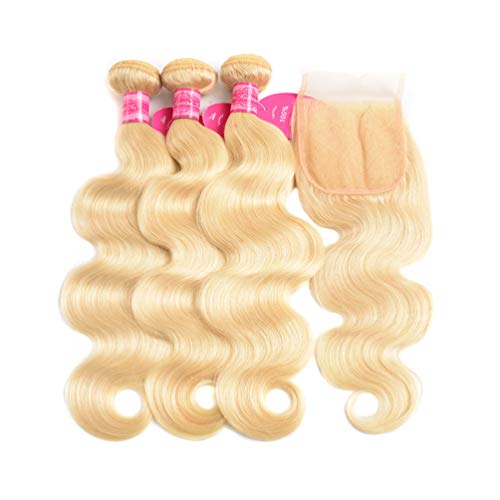 613 Hair Bundles with Closure Body Wave Human Hair 613 Honey Blonde Bundles with Lace Closure Brazilian Virgin Body Wave Human Hair 3 Bundles with 4¡¿4 Lace Closure 150% Density Free Part (12 14 16+10)