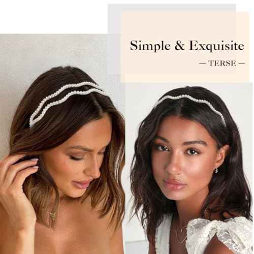 TERSE Metal Headbands for Women Cute Wave Pearl Headbands for Women's Hair Fashion Designer Headband Elegant Bridal Headband for Wedding Trendy Hair Accessories 2Pcs