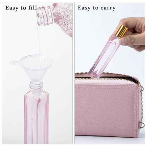 Yebeauty Glass Roller Bottles for Essential Oils 10ml Compact Travel Roll on Bottles for Oil Massage with Golden Aluminum Cover, 4 Pack Perfume Rollerball Empty with Opener, Funnel, Dropper, Pink