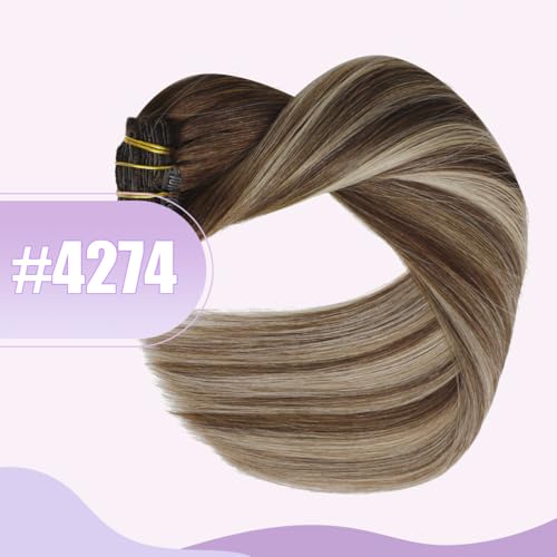 Sindra Clip in Hair Extensions Real Human Hair 18Inch Balayage Chocolate Brown Ombre Caramel Brown Hair Extensions Real Human Hair Clip ins Remy Straight For Woman 120G 6Pcs(clip#4/27/4 18inch)