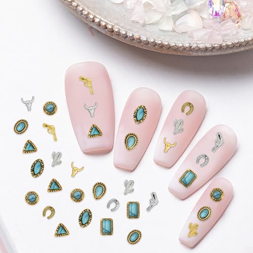 50 PCS Turquoise Nail Charms - 3D Western Nail Charms Vintage Turquoise Gems Stones Art, Retro Metal Gold Silver Cowboy Cowgirl Western Art Stickers Accessories Women DIY