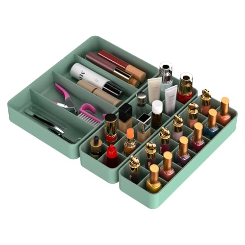 Stackable Drawer Organizer, 3 PCS Versatile Bathroom and Vanity Drawer Organizers Trays Makeup Organization and Storage Set for Lipstick, Lip Gloss, Nail Polish, Cosmetics, Skincare, Jewelry, Green