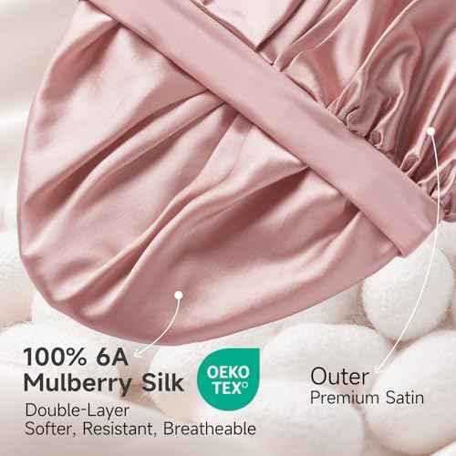 22 Momme 100% Real Mulberry Silk Bonnet for Sleeping Women, Large Hair Care Bonnet for Long Curly Hair, Double Layer Silk Wrap with Soft Elastic Band, Non-Slip Sleep Cap, Pink