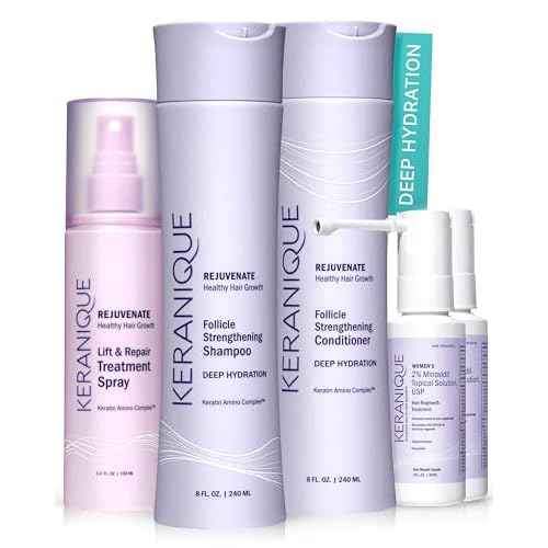 Keranique Hair Growth Products Set - 2% Minoxidil Keranique Hair Regrowth Treatment for Women - Deep Hydrating Shampoo and Conditioner - Hair Thickening & Volumizing Spray - Hair Loss Treatment System