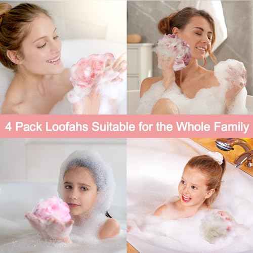 Fishent Loofah Bath Sponge Shower Loofahs, Pack of 4 Pink Soft Loofa Exfoliating Body Scrubber Mesh Shower Puff Pouf Ball Luffa for Women(50g/pcs)